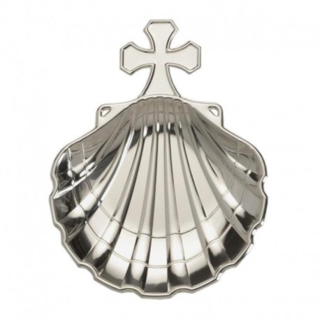Concha para bautismo en metal plateado con cruz