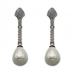 Pendiente de plata largo con circonitas y perla en forma de pera