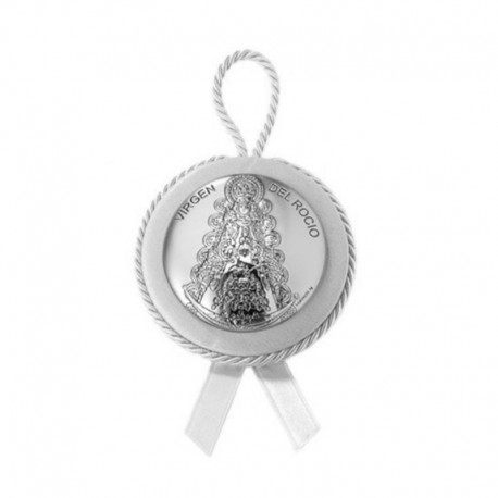 Medalla de cuna de la virgen del Rocío blanca redonda