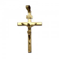 Cruz de oro palos planos con cristo relieve grande