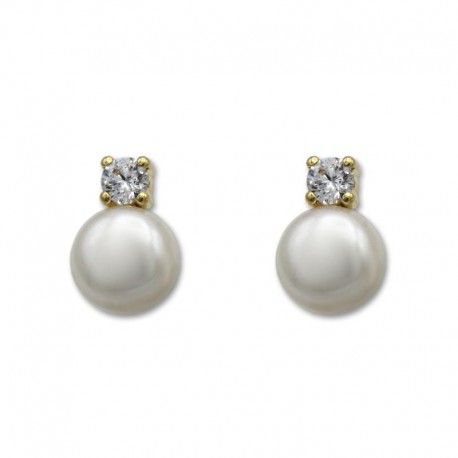 Pendientes de oro solista perla cultivada botón con circonita garras